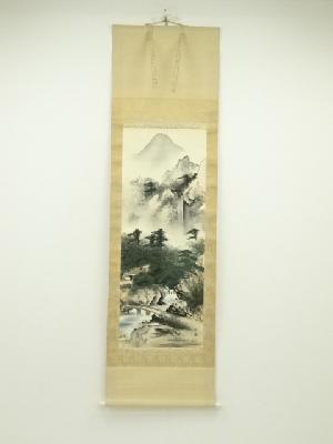 竹翠筆　彩色山水　肉筆絹本掛軸